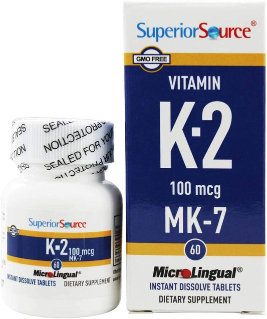 Vitamina K2 MK-7 (Menaquinona-7), 100 mcg, Comprimidos MicroLingual de Dissolução Rápida, 60 Unidades, Ossos e Artérias Saudáveis, Imunidade - Superior Source
