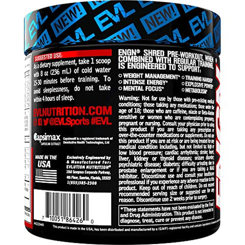 Evlution - EVL Ultimate Pre Workout Powder – Bebida Termogênica Queima de Gordura para Energia Duradoura, Foco e Resistência – ENGN Shred Intense Queima de Gordura Creatina Free Preworkout