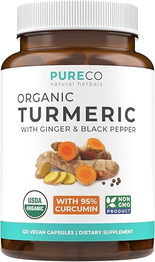 PURE CO - Curcuma Orgânica USDA com Pimenta Preta e Gengibre (Suprimento de 4 Meses) – Suplemento para Suporte Articular com Pó de Cúrcuma e Raiz de Gengibre – Suplemento Orgânico de Cúrcuma – 120 cápsulas