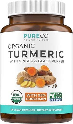 PURE CO - Curcuma Orgânica USDA com Pimenta Preta e Gengibre (Suprimento de 4 Meses) – Suplemento para Suporte Articular com Pó de Cúrcuma e Raiz de Gengibre – Suplemento Orgânico de Cúrcuma – 120 cápsulas