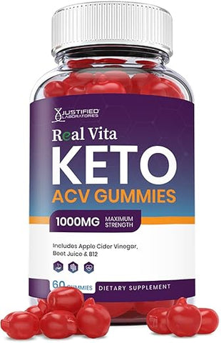 Justified Laboratories - Real Vita Keto ACV Gummies 1000MG com Suco de Romã, Beterraba e Vitamina B12 – 60 Gummys