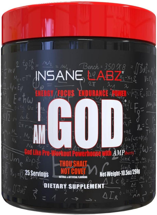 I am God Pré-Treino, Pó Pré-Treino de Alta Estimulação Carregado com Creatina e DMAE Bitartarato Impulsionado por AMPiberry, Energia Foco Resistência Crescimento Muscular, 25 Porções, Original - Insane Labz