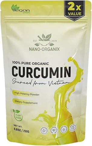 NANO-ORGANIX - Curcumina Orgânica Pura 100%% em Pó do Vietnã – Extrato de Cúrcuma 250g para Melhor Bioacessibilidade e Benefícios Máximos à Saúde – Natural, Não-OGM, Livre de Glúten
