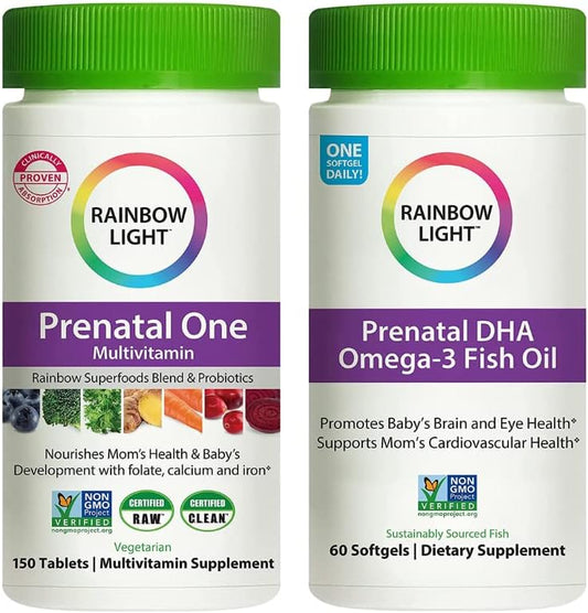 ROCKY MOUNTAIN CO. - Rainbow Light – Kit de Vitaminas Pré-Natais: Prenatal One Multivitamínicos 150 Tab + Prenatal DHA Ômega-3 Óleo de Peixe 60 Softgels + Multivitamínico Pré-Natal de Alta Potência para a Mamãe