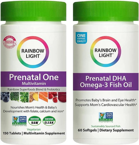 ROCKY MOUNTAIN CO. - Rainbow Light – Kit de Vitaminas Pré-Natais: Prenatal One Multivitamínicos 150 Tab + Prenatal DHA Ômega-3 Óleo de Peixe 60 Softgels + Multivitamínico Pré-Natal de Alta Potência para a Mamãe