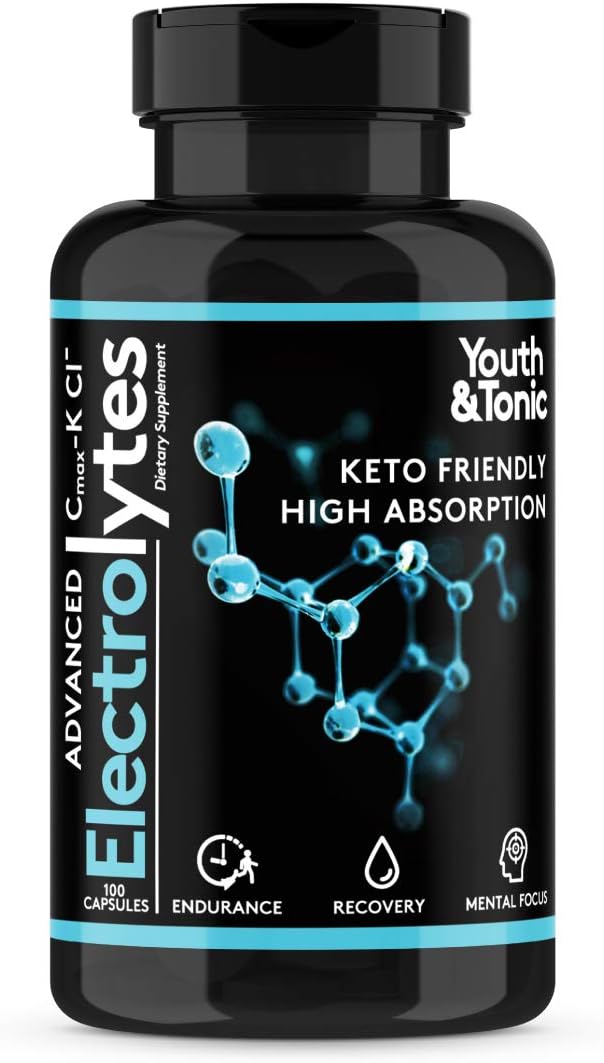 Youth & Tonic - Suplemento Completo de Eletrólitos | Alta Absorção | Cmax Cloreto de Potássio Magnésio Sódio Cálcio Zinco | Aumenta Resistência Recuperação Muscular Foco Mental | Eletrólitos de Sal