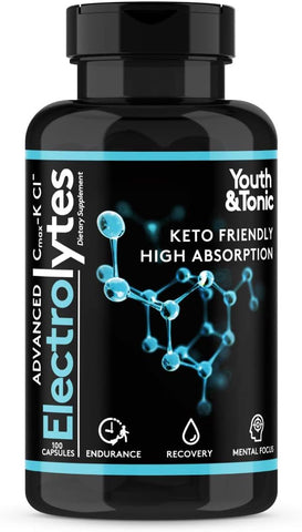 Youth & Tonic - Suplemento Completo de Eletrólitos | Alta Absorção | Cmax Cloreto de Potássio Magnésio Sódio Cálcio Zinco | Aumenta Resistência Recuperação Muscular Foco Mental | Eletrólitos de Sal