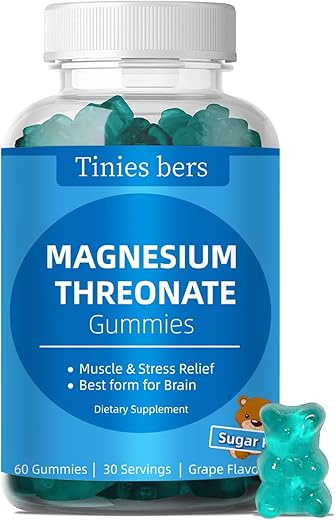Tinies bers - Gummies de Magnésio Treonato 500mg, Sem Açúcar, para Adultos e Crianças, Melhores Gummies de Magnésio para o Cérebro, Não-OGM, Sem Glúten, Vegano, Pectina, 60 Gummies