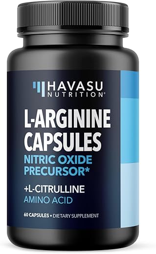 HAVASU NUTRITION - L-Arginine Capsulas para Homens Ativos – 60 Unidades, Não-OGM, Mistura de 1200mg de L Arginina e L Citrulina – Suplemento de Arginina para Melhor Desempenho – 1000mg de L Arginina para
