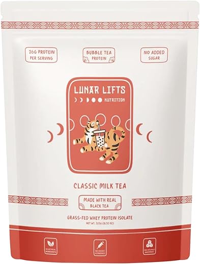 Lunar Lifts Nutrition - Pó de Proteína de Chá com Leite Clássico Boba | Isolado de Proteína Whey | 26g Proteína Whey de Pasto | Sem Açúcar Adicionado ou Ingredientes Artificiais | Pó de Proteína para Bubble Tea