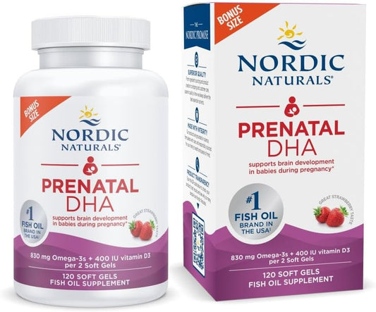 Prenatal DHA Morango – 120 Cápsulas – 830 mg Ômega-3 400 UI Vitamina D3 – Suporte ao Desenvolvimento Cerebral do Bebê Durante a Gravidez - Nordic Naturals