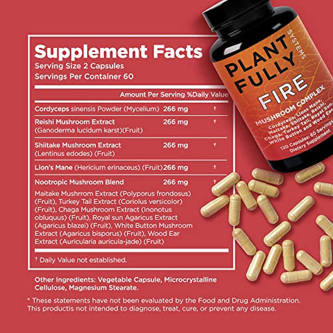 Plantfully Systems - Lions Mane 2660mg 10in1 Suplemento de Cogumelo com Reishi Lions Mane Cordyceps Chaga Turkey Tail Maitake Shiitake Complexo Nootrópico Cápsulas de Energia Cerebral 120 Unidades Feito nos EUA