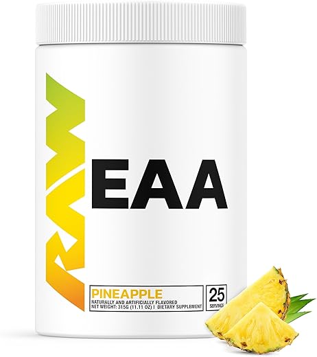 Pó de Aminoácidos RAW EAA, Abacaxi (25 Porções) – Energia Pré-Treino em Pó para Força, Resistência e Recuperação