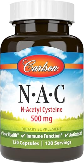 NAC, N-Acetil Cisteína, 500mg, Saúde do Fígado, Função Imunológica, Antioxidante, 120 Cápsulas Vegetarianas - Carlson