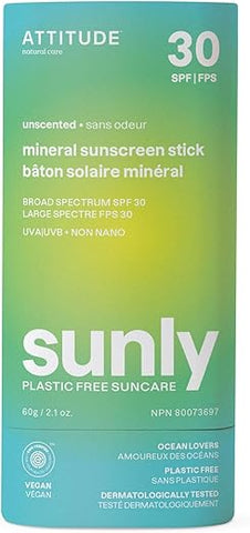 Protetor Solar Mineral ATTITUDE Stick com Óxido de Zinco, FPS 30, Verificado pelo EWG, Livre de Plástico, Proteção UVA/UVB de Amplo Espectro, Testado Dermatologicamente, Vegano, Sem Fragrância, 60g