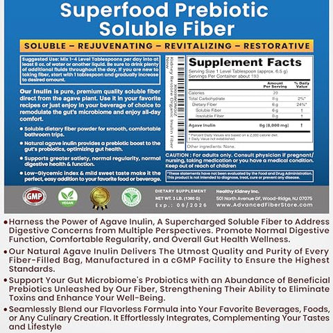 Kidney Restore - Pó de Inulina (1360g) Suplemento de Fibra Solúvel Prébiótica de Agave Suave para Suporte Digestivo, Saúde Intestinal, Receitas Veganas, Smoothies
