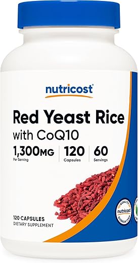 Red Yeast Rice com CoQ10 1300mg, 120 Cápsulas, 60 Porções – Sem OGM, Sem Glúten - Nutricost