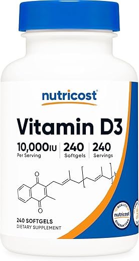 Vitamina D3 10.000 UI, 240 Cápsulas Softgel – Potente, Livre de OGM, Sem Glúten - Nutricost
