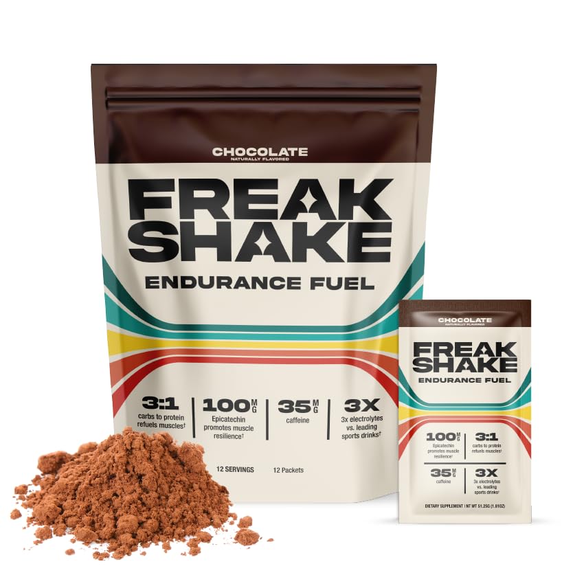 Freak Shake - Pó de Recuperação Pós-Treino (Chocolate) – Bebida de Treinamento de Resistência com Alto Teor de Carboidratos – Eletrólitos, Mistura Completa de Proteínas, Suplemento de Recuperação Muscular com Bio-Nutrientes – 12 Porções Individuais
