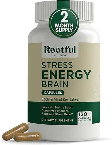 Rootful Mind - Stress Energy Brain – Suplemento Energético com Cortisol, Suporte para Estresse e Energia – Rhodiola Rosea, Lions Mane, L Theanine, Ginkgo Biloba, Cardo Mariano, Ferro – 120 Cápsulas