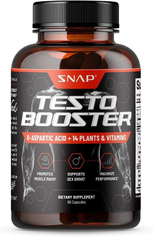 Snap Supplements - Snap Testosterone Booster para Homens – Estimula o Crescimento Muscular, Aumenta o Desejo Sexual Masculino, Potencializa a Energia Natural, Resistência e Força, 90 Cápsulas