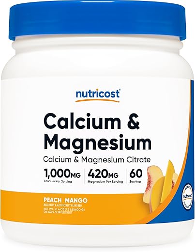 Pó de Cálcio e Magnésio (Pêssego Manga, 60 Porções) – Suporte Ósseo, Livre de Transgênicos, Sem Glúten (Citrate de Cálcio e Citrate de Magnésio) - Nutricost