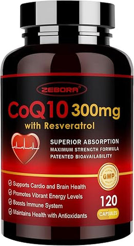 CoQ10-300mg com Trans-Resveratrol e PQQ – Potente Antioxidante para Saúde – 60 Cápsulas - ZEBORA