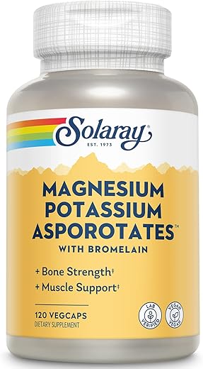SOLARAY - Solaray Magnésio e Potássio Asporotatos com Bromelina, Suplemento de Magnésio e Potássio para Fortalecimento Ósseo e Suporte Muscular, Vegan Suplementos de Magnésio e Potássio, 60 cápsulas