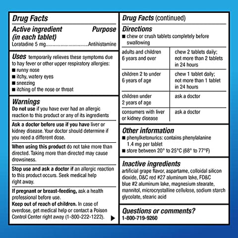Crianças Alívio de Alergia, Comprimidos Mastigáveis de Loratadina, 5 mg, Medicamento de 24 Horas, Sabor Uva, 40 Unidades - Amazon Basic Care