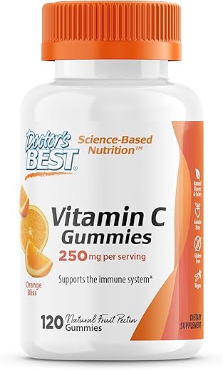 Doctor's BEST - Doctor’s Best, Gomas de Vitamina C 250mg por Porção Sabor Delicioso Suporte Imunológico Cérebro Olhos Coração Circulação Antioxidante Natural Pectina Vegano Sem Glúten CT, Fruta, 120 Unidades