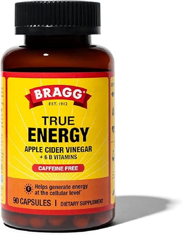 Apple Cider Vinegar True Energy Capsules – 6 Vitaminas B – Sem Cafeína – 750mg de Ácido Acético – Gerenciamento de Peso – Não-OGM, Vegano, Sem Glúten, Sem Açúcar – (90 Cápsulas) - Bragg
