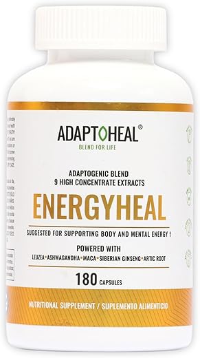ADAPTOHEAL - Energético Natural Sem Cafeína – Mistura de Adaptógenos com Ashwagandha, Rhodiola Rosea, Maca, Leuzea, Gingseng – Aumenta Energia, Alivia Estresse, Foco e Vitalidade (180g)