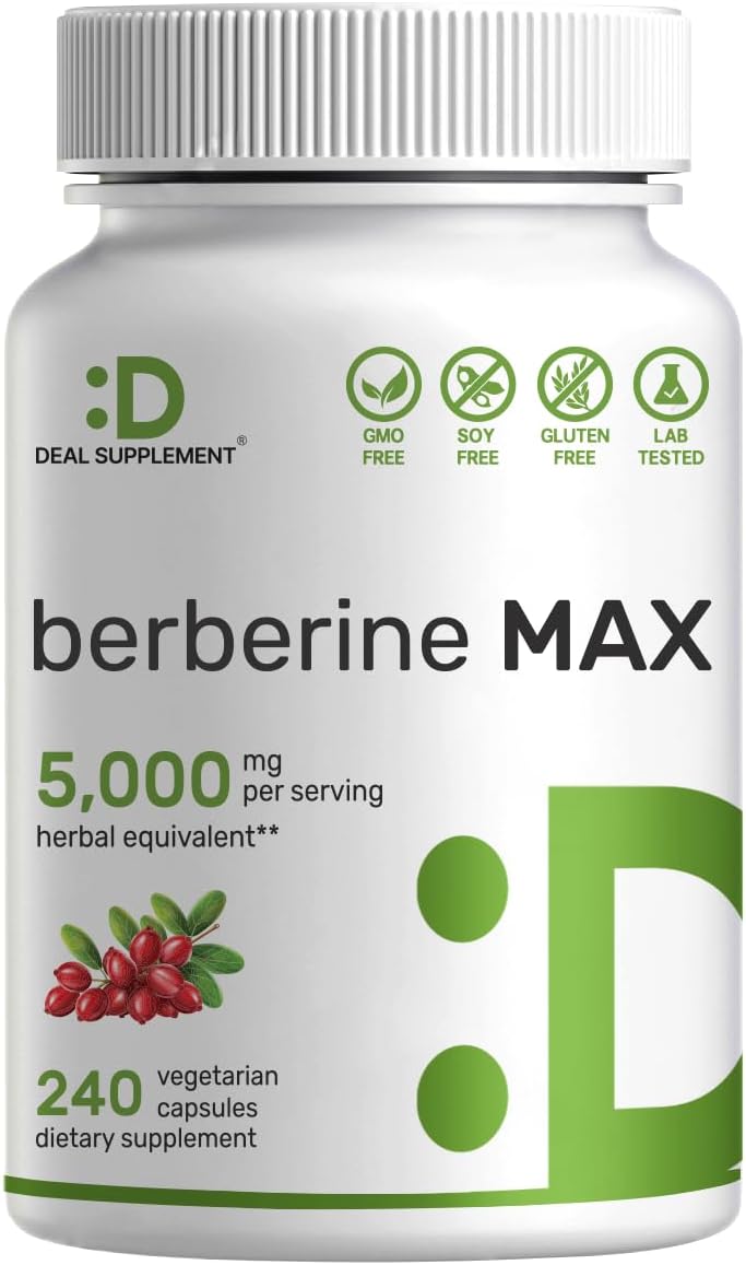Berberine Max – 5,000mg por Porção – 240 Cápsulas Vegetarianas – 97%% Puro Berberine HCL – Extrato de Raiz 25:1 – Amigo dos Vegetarianos, Não-OGM - DEAL SUPPLEMENT