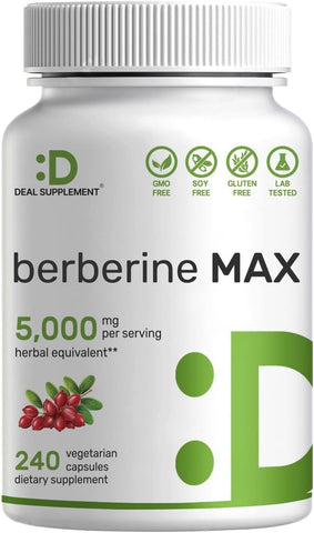 Berberine Max – 5,000mg por Porção – 240 Cápsulas Vegetarianas – 97%% Puro Berberine HCL – Extrato de Raiz 25:1 – Amigo dos Vegetarianos, Não-OGM - DEAL SUPPLEMENT