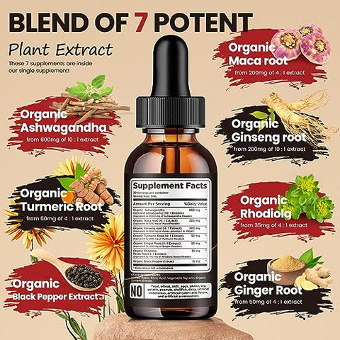 dilib - Gotas de Ashwagandha Líquida Orgânica para Homens e Mulheres: Sabor de Cúrcuma 7 em 1 – 120ml – Extrato de Ashwagandha – Energia, Estresse e Humor