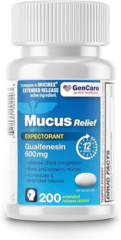 Alívio da Mucosidade Guaifenesina 600mg (200 Comprimidos) Expectorante para Congestão – Marca GenCare - GenCare