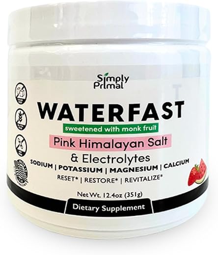 Simply Primal - Pó Eletrolítico Monk Fruit Keto WATERFAST para Jejum e Hidratação – Sabor Morango Melancia | Sal Rosa do Himalaia (Sódio), Potássio, Magnésio, Cálcio | Sem Açúcar | 100g