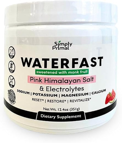 Simply Primal - Pó Eletrolítico Monk Fruit Keto WATERFAST para Jejum e Hidratação – Sabor Morango Melancia | Sal Rosa do Himalaia (Sódio), Potássio, Magnésio, Cálcio | Sem Açúcar | 100g