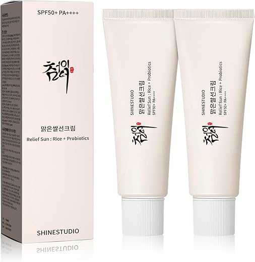 SHINESTUDIO - 첨이터 Relief Sun Protetor Solar Orgânico SPF50, PA Arroz e Probióticos | Solução de Cuidados com a Pele Coreana para Todos os Tipos de Pele | Proteção Nutritiva e Defesa UV (2 unidades)