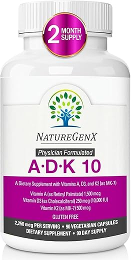 NatureGenX - Suplemento ADK 10 – Vitaminas A, D3 e K2 – Potente Vitamina D3 de 10000 UI com Vitaminas A e K2 para Saúde Óssea, Cardíaca e Imunológica – 90 Cápsulas Fáceis de Engolir (Fornecimento de 3 Meses)