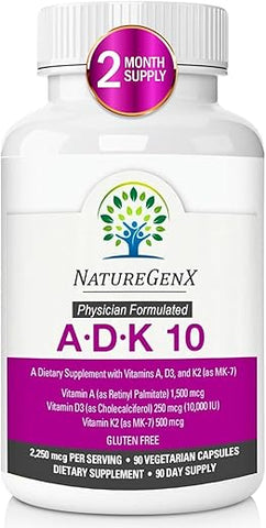 NatureGenX - Suplemento ADK 10 – Vitaminas A, D3 e K2 – Potente Vitamina D3 de 10000 UI com Vitaminas A e K2 para Saúde Óssea, Cardíaca e Imunológica – 90 Cápsulas Fáceis de Engolir (Fornecimento de 3 Meses)