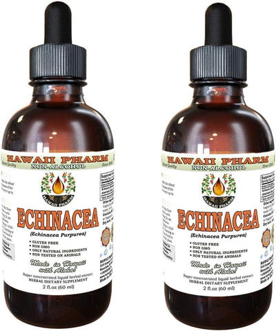 Echinacea Líquido Sem Álcool, Extrato de Echinacea Orgânica (Echinacea Purpurea) Erva Seca Glicerito Hawaii Pharm Suplemento Herbal Natural 2×60 ml