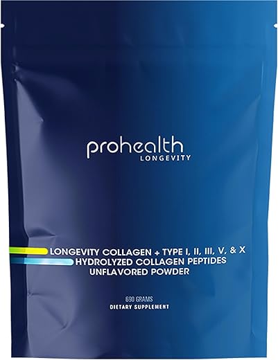 Longevity Collagen Peptides Powder – Colágeno em Pó 20g Multi Colágeno. 2g Pro-Colágeno. Ácido Hialurônico. Tipo I, II, III, V, X para Articulações, Ossos, Cabelo, Pele - ProHealth