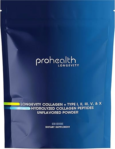 Longevity Collagen Peptides Powder – Colágeno em Pó 20g Multi Colágeno. 2g Pro-Colágeno. Ácido Hialurônico. Tipo I, II, III, V, X para Articulações, Ossos, Cabelo, Pele - ProHealth