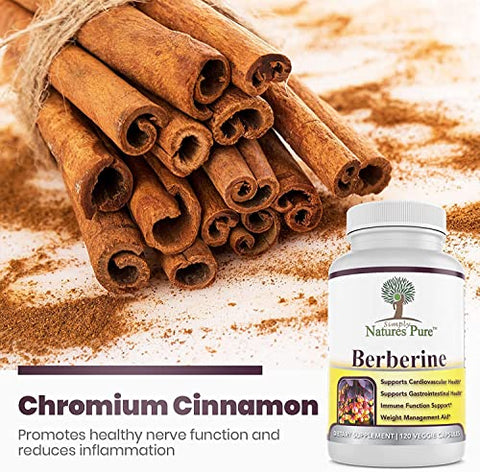 Simply Natures Pure - Berberina HCl 500mg Pura da Simply Natures – 120 Cápsulas – Suporte Cardiovascular Gastrointestinal Imunológico – Cromo Canela (Pacote com 3)