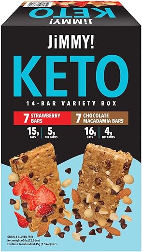 JIMMYBAR - JiMMY’S! Barras de Proteína Funcional Keto – Pack com 14 unidades – Pack com 7 Barras de Morango e 7 Barras de Macadâmia com Chocolate – Barra de Proteína com Baixo Carboidrato Líquido, Baixo