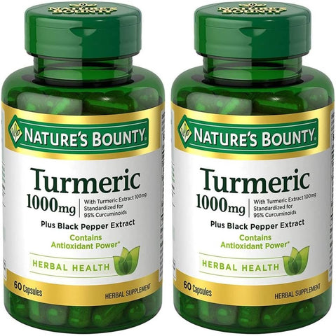 Nick & Hannah - Nature’s Bounty Cúrcuma com Extrato de Pimenta Preta, Suporta a Saúde Antioxidante, 1000mg, 120 Cápsulas (Pacote com 2) 1 Mini Recipiente de Pílulas (Cor Varia)