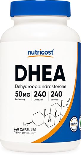 DHEA 50mg – 240 Cápsulas | Livre de Glúten, Soja e Transgênicos | Marca de Suplemento - Nutricost