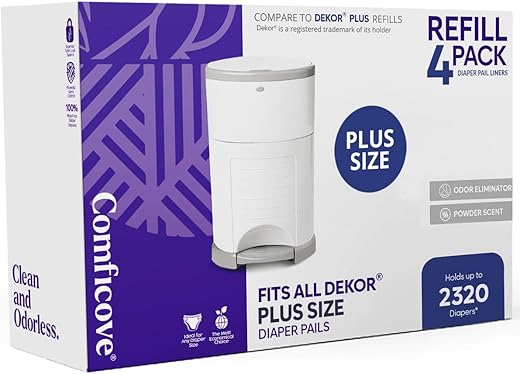 COMFICOVE - Refis Compatíveis com DEKOR PLUS Potes de Fraldas | 4 Unidades | Forro de Refil para Pote de Fraldas Extra Espesso | Fragrância Fresca | Fácil de Substituir e Descartar a Bolsa de Fraldas | Bebê sem Odor