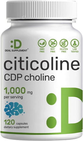 Citicoline CDP Choline 1.000mg por Porção 120 Cápsulas – Suplemento Extra Forte de Colina – Propriedades de Vitaminas B Nootrópicas – Promove a Saúde Cerebral, Memória - DEAL SUPPLEMENT
